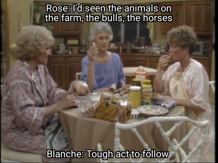 At the kitchen table, Rose saying I'd seen the animals on the farm, the bulls, the horses, Blanche replying tough act to follow